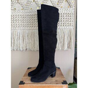 Stuart Weitzman Hitest Black Suede Leather Mid Block Heel Over The Knee Boots